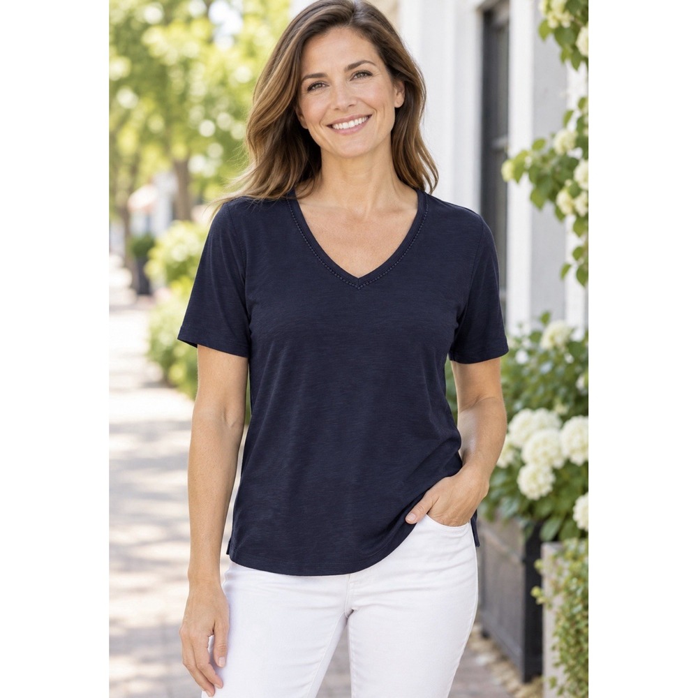 Talbots Navy Blue Cotton Short Sleeve Shirt  Crochet neckline Sp
